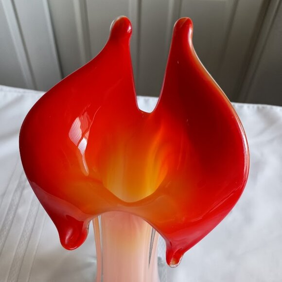 Red Orange Blown Art Glass Murano Style 12" High Vase with Square bottom - Picture 3 of 7